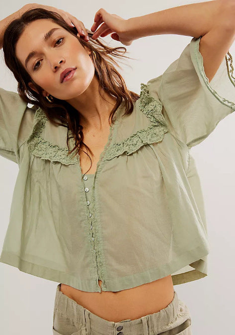 Lace-trimmed Collar Loose-fitting Fashionable Pleated Top For Women