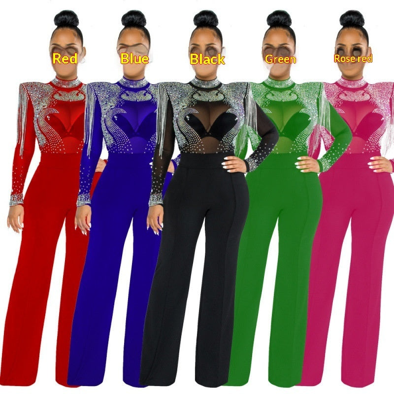 Arrival Hot-Stone Embellished Tassel-Trimmed Shoulder Design Sheer Polyester Mesh Patchwork Jumpsuit