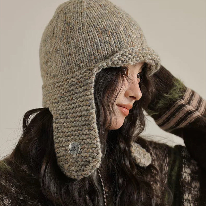 Retro Face-looking Small Mixed Color Woven Knitted Earmuffs Hat