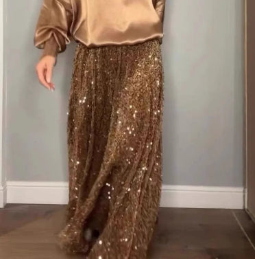 Round Neck Satin Top Sequin Dress Suit Two-piece Set