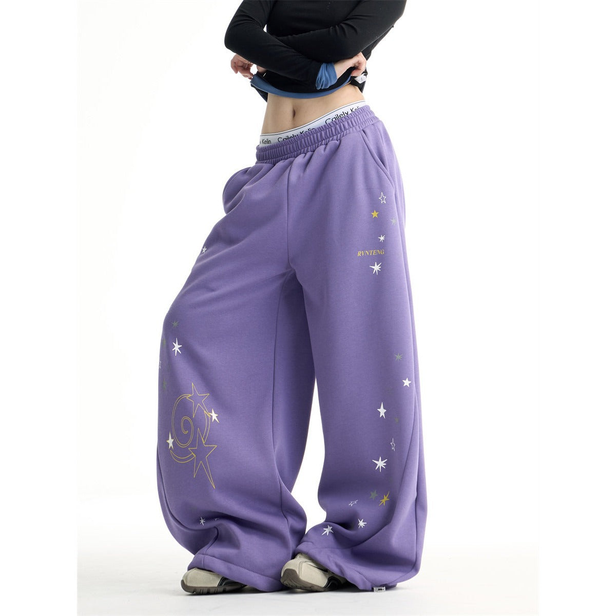 Womens Retro Star Drawstring Wide-Leg Sweatpants
