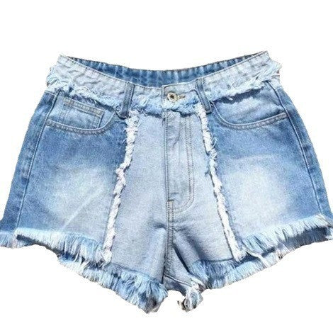 Womens Sexy Spliced Fringe Denim Shorts