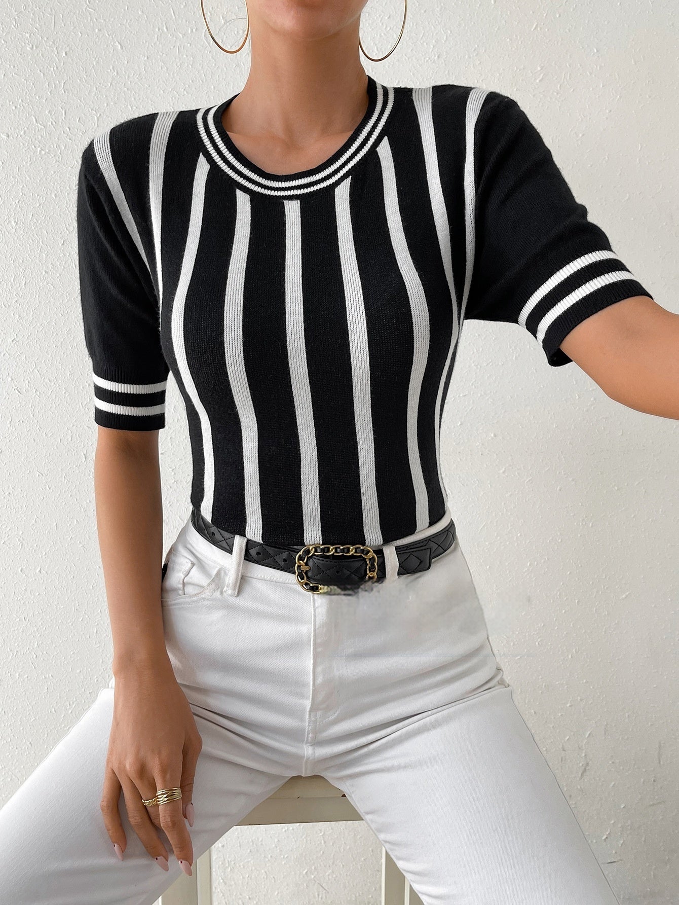 SpringSummer New Womens Striped Short-Sleeve Fashion Top Knit Sweater