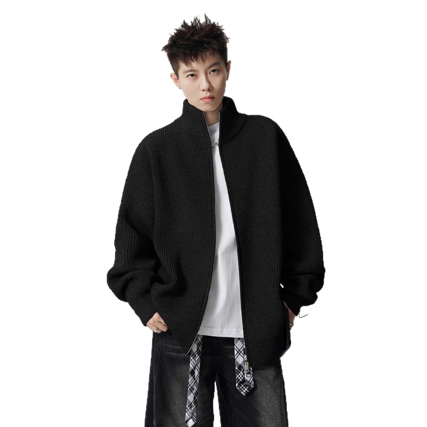 Heavyweight Stand Collar Double Zip-up Solid Color Sweater For Men