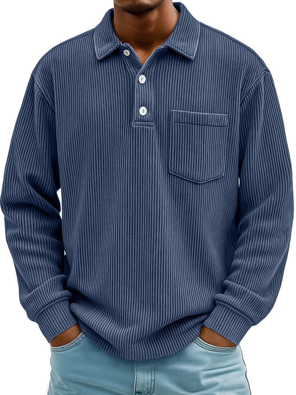 Mens Long-sleeve Polo Shirt Casual Corduroy-striped Top