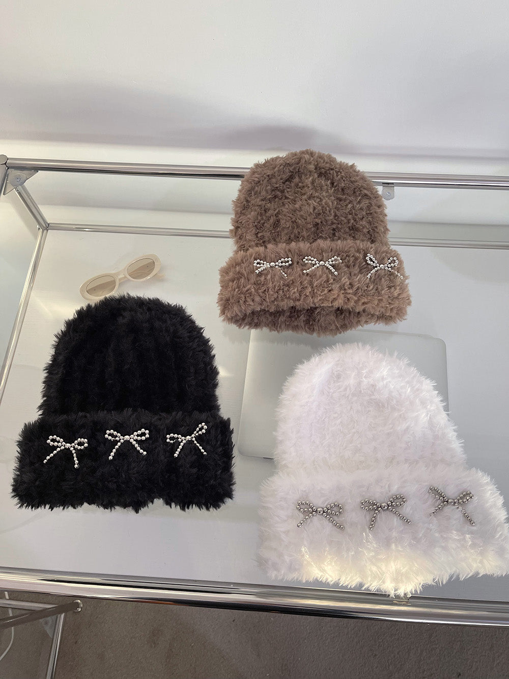 Autumn And Winter Thick Warm Soft Glutinous Knitted Bow Plush Bonnet For Women