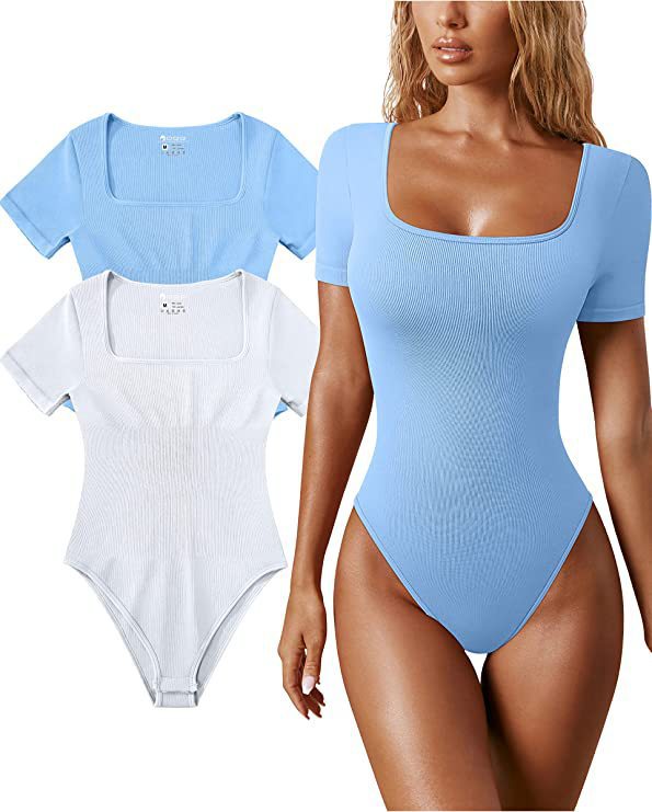 Sunken Stripe Square Collar Short Sleeve Tight Jumpsuit