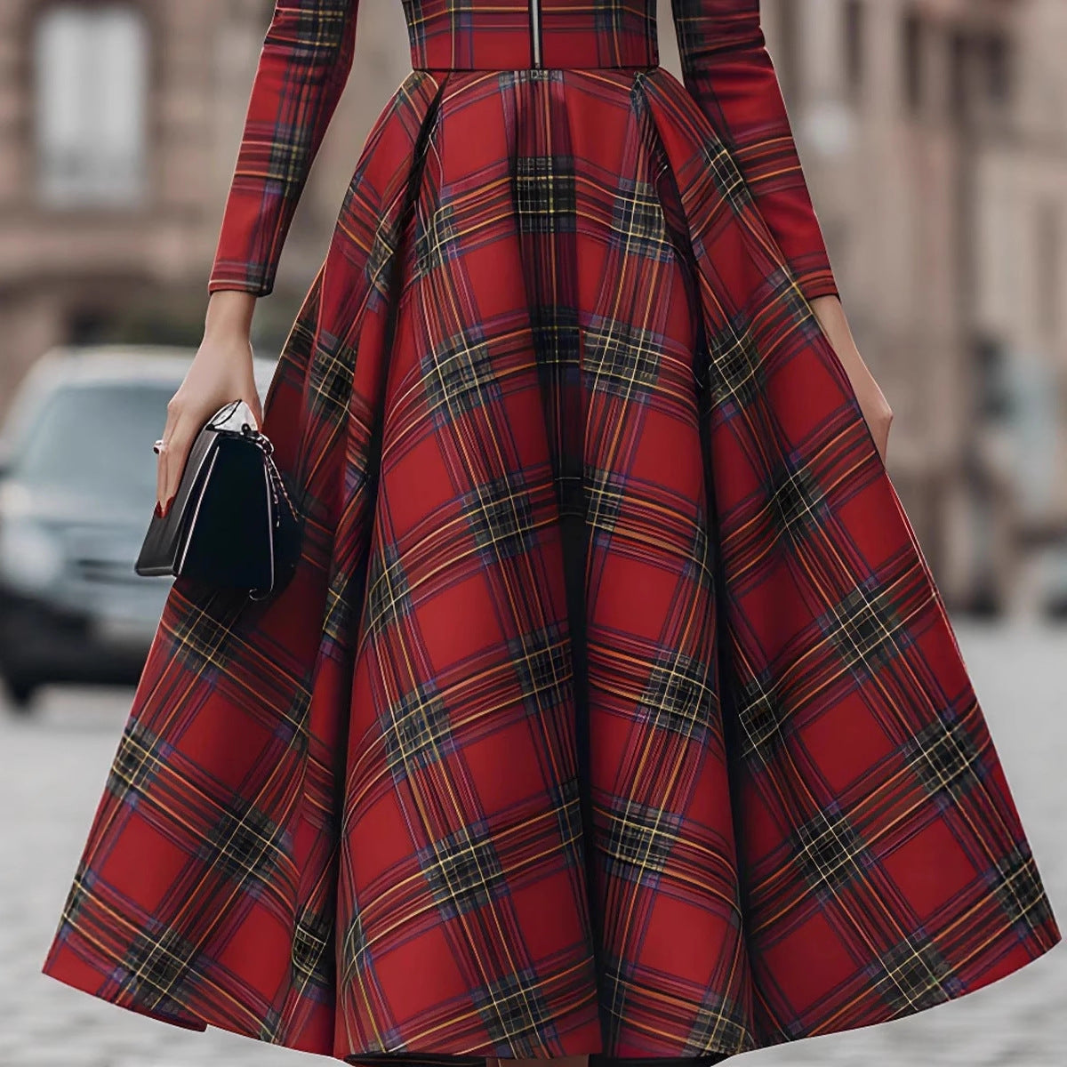 Stand-collar Long-sleeve Plaid Digital-print Zip-up Dress