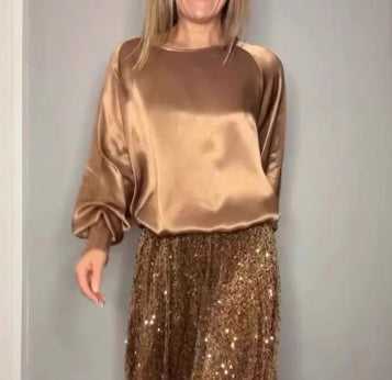 Round Neck Satin Top Sequin Dress Suit Two-piece Set