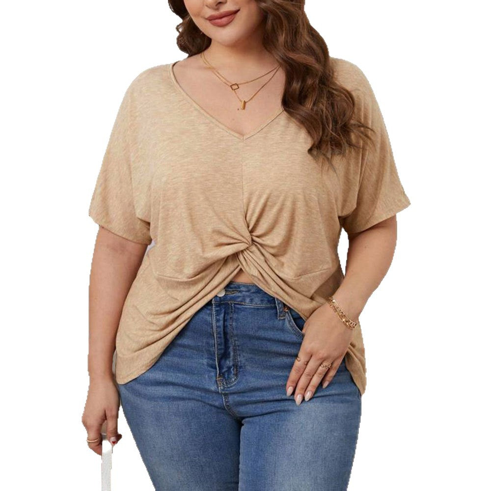 Women's Loose Casual V-neck Short Sleeve Knit Top With Irregular Hem
