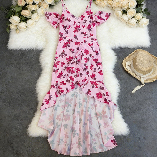 Womens Sexy Sleeveless Strap Dress With Floral Print And Halter Neck