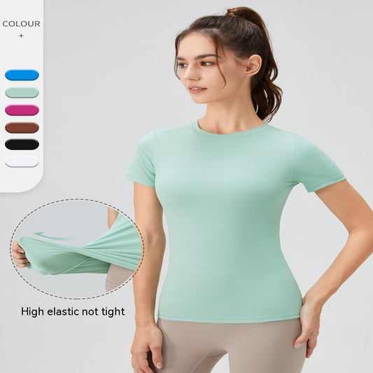 Ensfarvet Yoga Kortærmet Rundhalset Hurtigtørrende Løbe Trænings T-shirt Stram Trænings Yoga Tøj