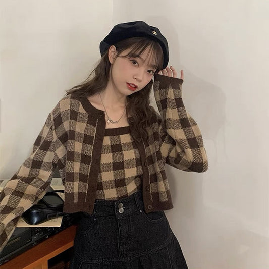 Two Piece Top Women's Short Vintage French Plaid