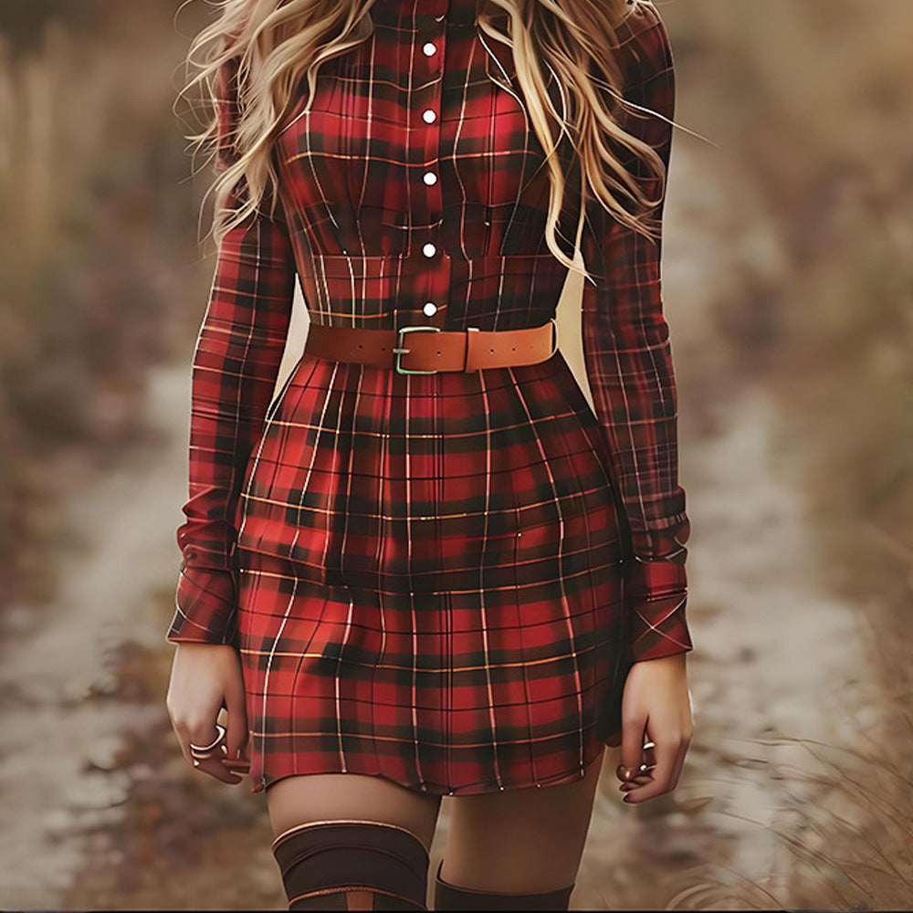 Womens Fashionable Retro Printed Plaid Dress