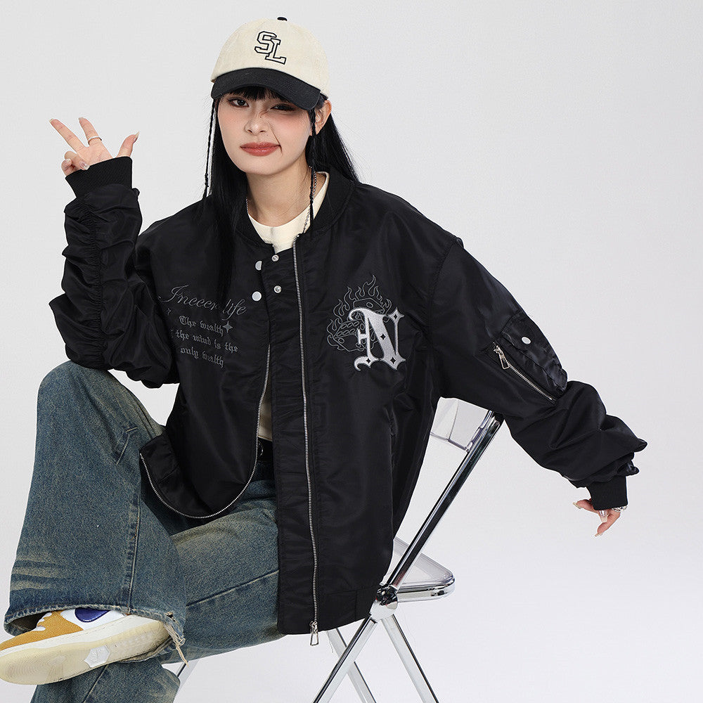 High Street Design Flame Embroidery Letters Baseball Uniform Jacket