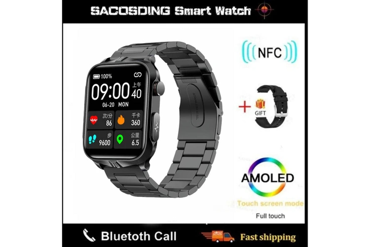 2024 New Ladies Smart Watch Men AMOLED HD Screen Heart Rate Monitor Bluetooth Call Watches Smartwatch for Android IOS Women+Box - Steel Black