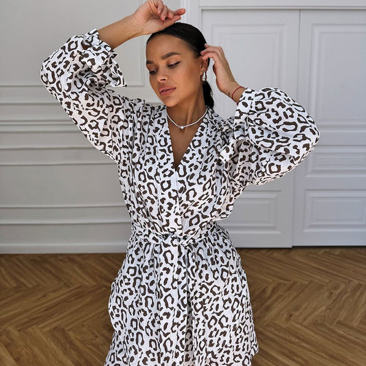 Printed Loose-fitting Long-sleeve Nightgown And Shorts Spring Pajamas