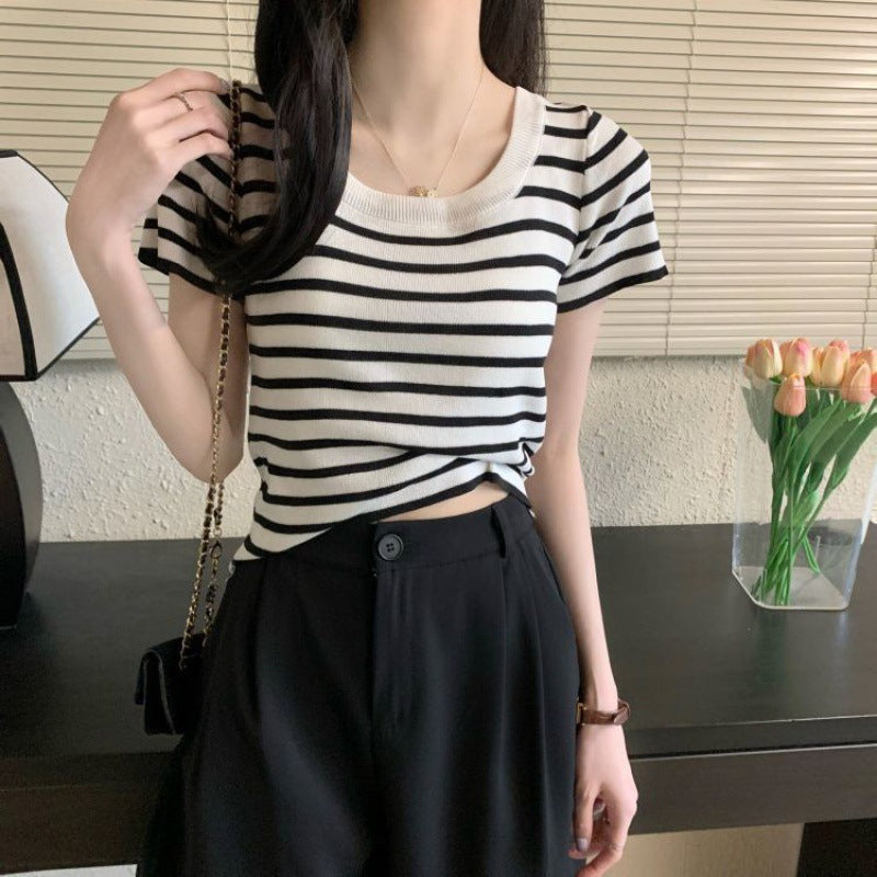 Casual Short-sleeved Slim-fit Striped T-shirt