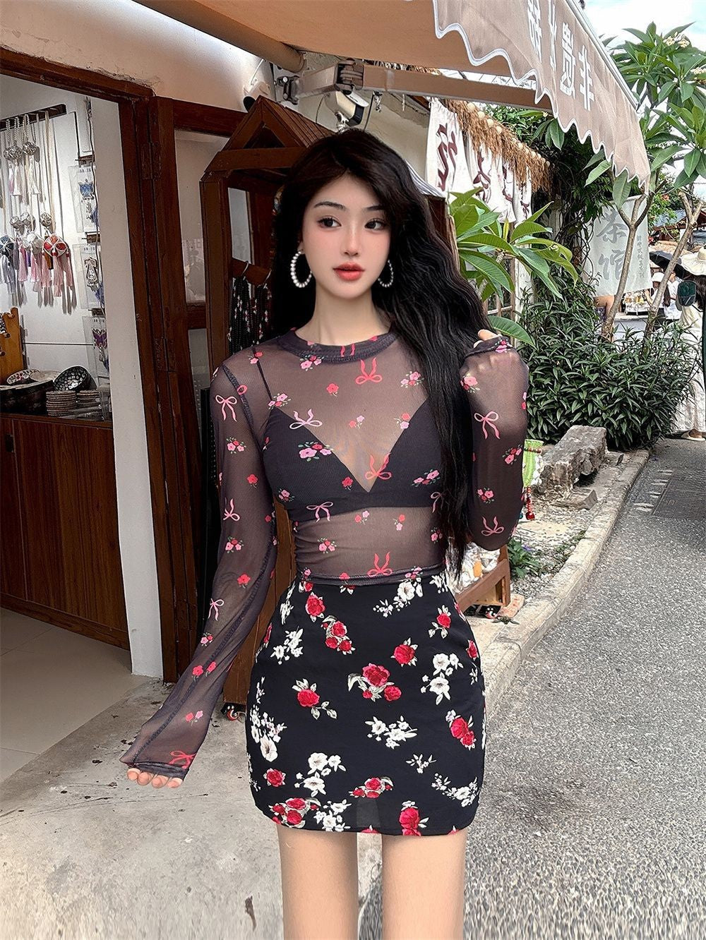 Sweet Cool Girl Dopamine Print Long Sleeve Mesh Top