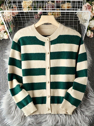 Dame Stribet Sort og Hvid Strikket Cardigan Løs og Behagelig Stil Høj Kvalitet Ydertøj Tyk Sweater