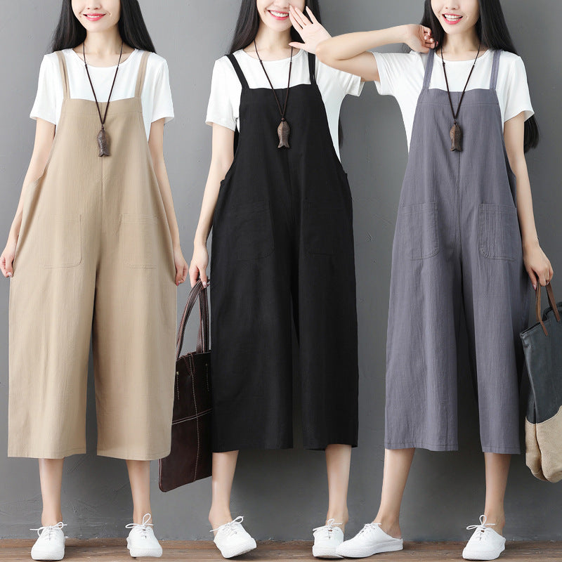 Plus Size Loose Linen Jumpsuit Suspender Pants