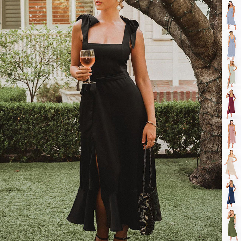 Temperament Suspender Split Dress with Lace-Up Design Fashion Summer Ruffled Beach Dresses for Women