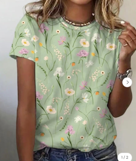 European And American Loose Round Neck Short Sleeve Floral Printed T-shirt