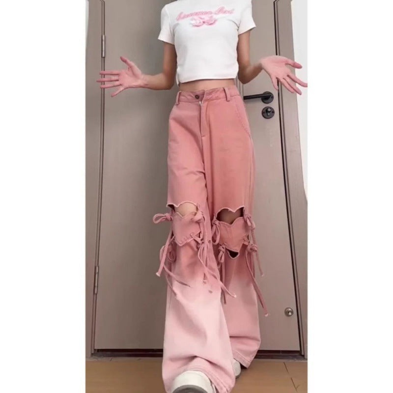 Plump Girls Design Sense Hollow-out Ripped Lace-up Jeans