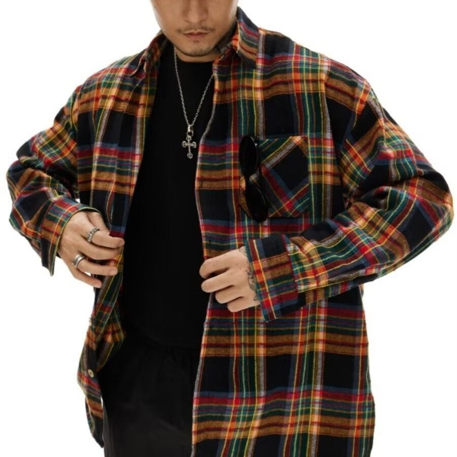 American-style Retro Color-block Plaid Long-sleeve Shirt
