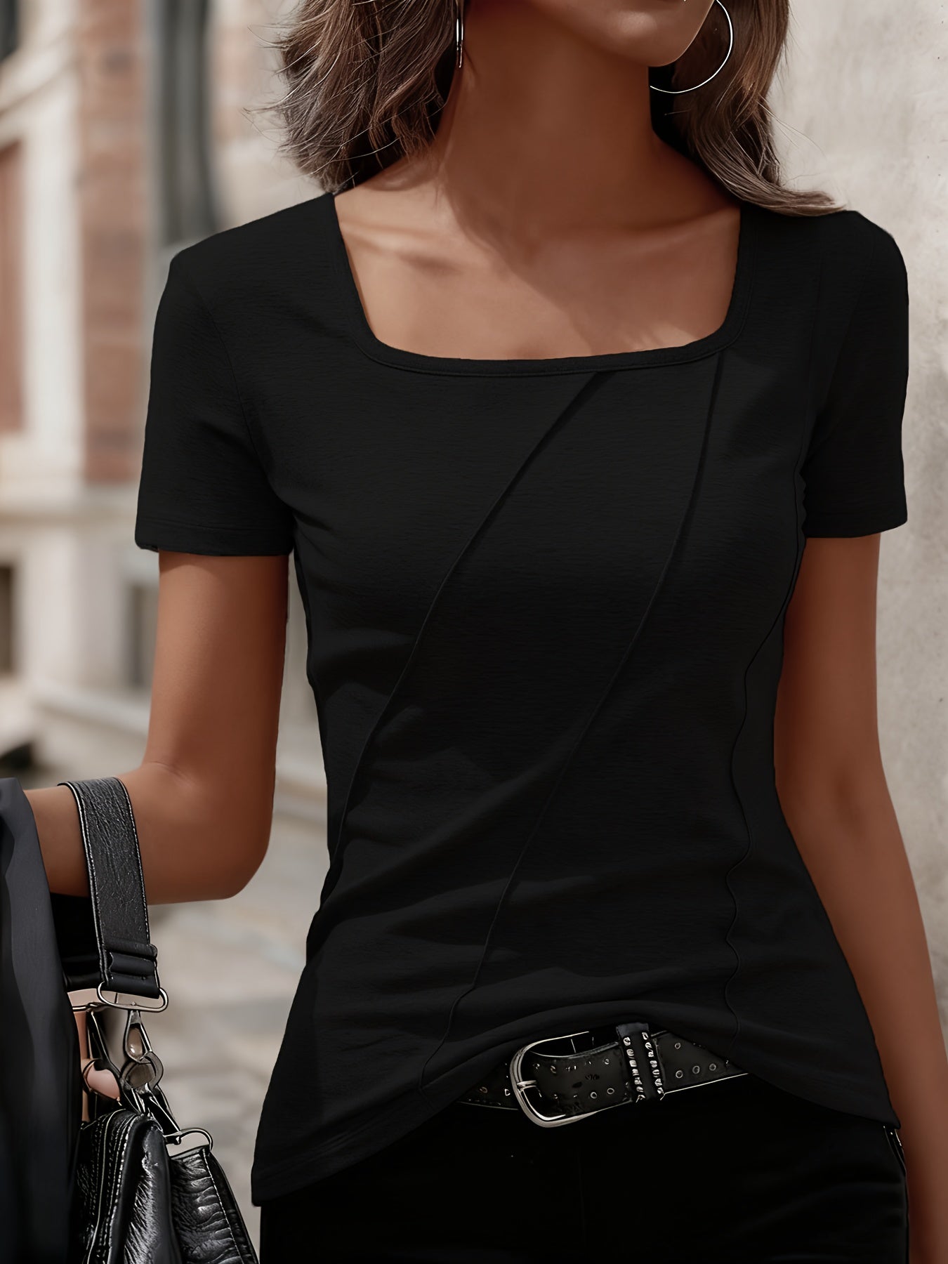 Womens Solid-Color Notch-Neck Short-Sleeve T-Shirt Top