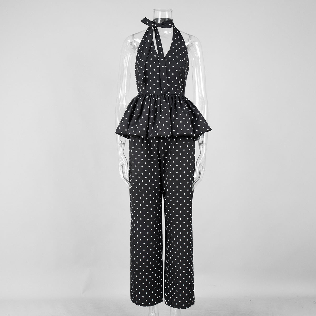 Polka-dot Print Elegant Halterneck Jumpsuit With Wide-leg Pants Set