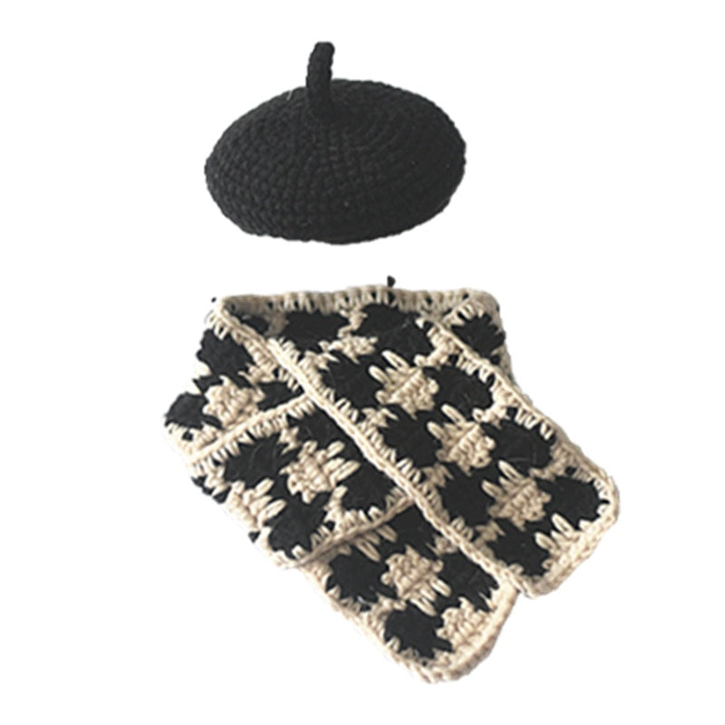 Small Hat Beret Knitting Plaid Small Scarf Dog