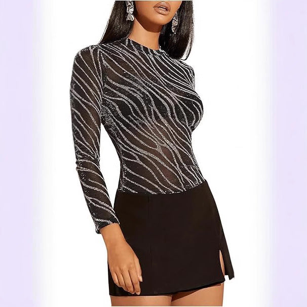 Women's Glossy Transparent Knit Long-sleeve Crew-neck Top