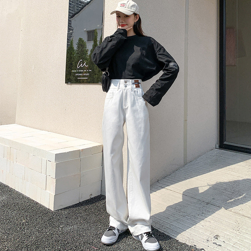 Women's High Waist Straight Loose And Slim Double Button Jeans