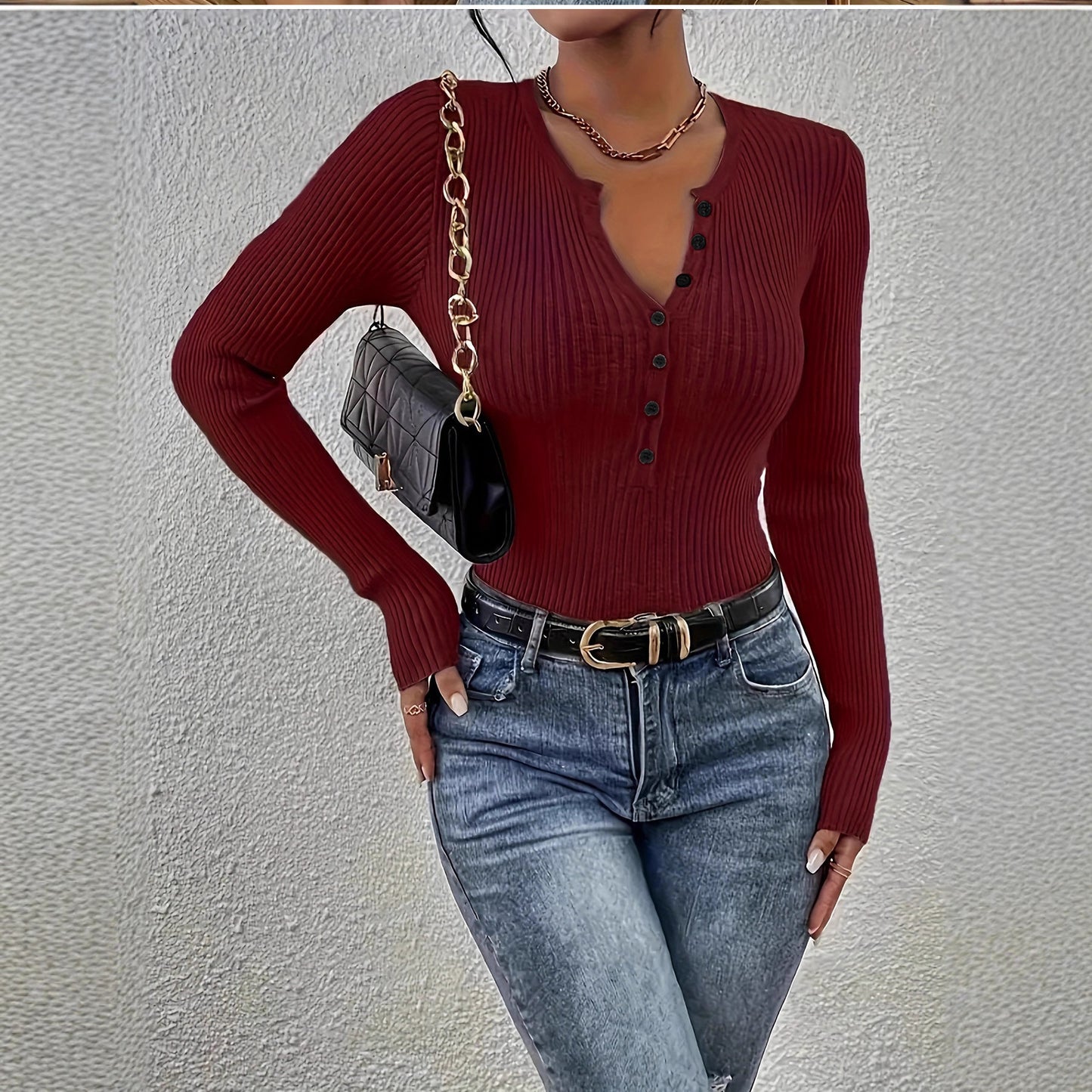 Women's V-neck Long Sleeve Button Top
