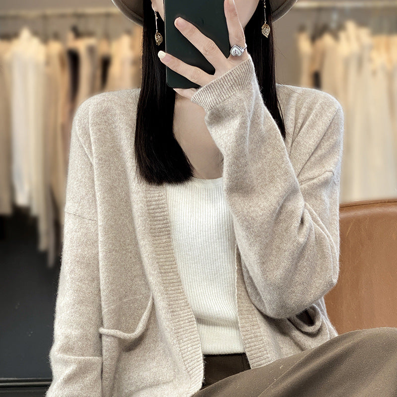 Spring And Autumn New Cardigan Solid Color And V-neck Thin Loose Slimming And All-matching Coat With Pocket