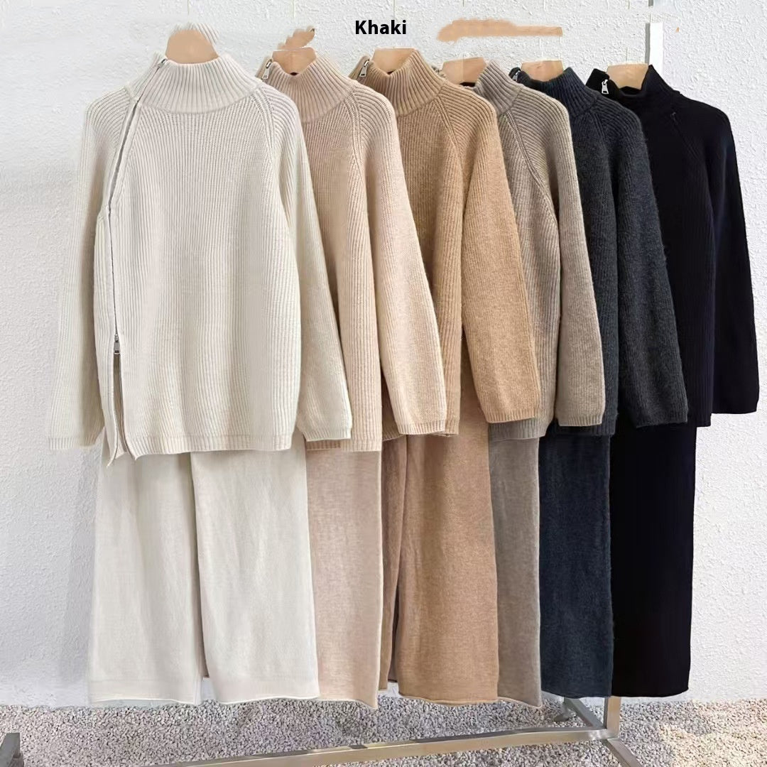 Women's Loose All-matching Pullover Knitted Wide-leg Pants Two-piece Suit
