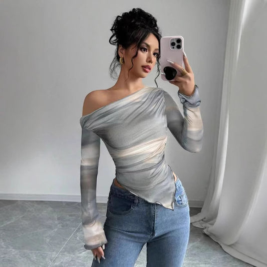 New Stylish Tie-dye Printed Asymmetrical Long-sleeve Top