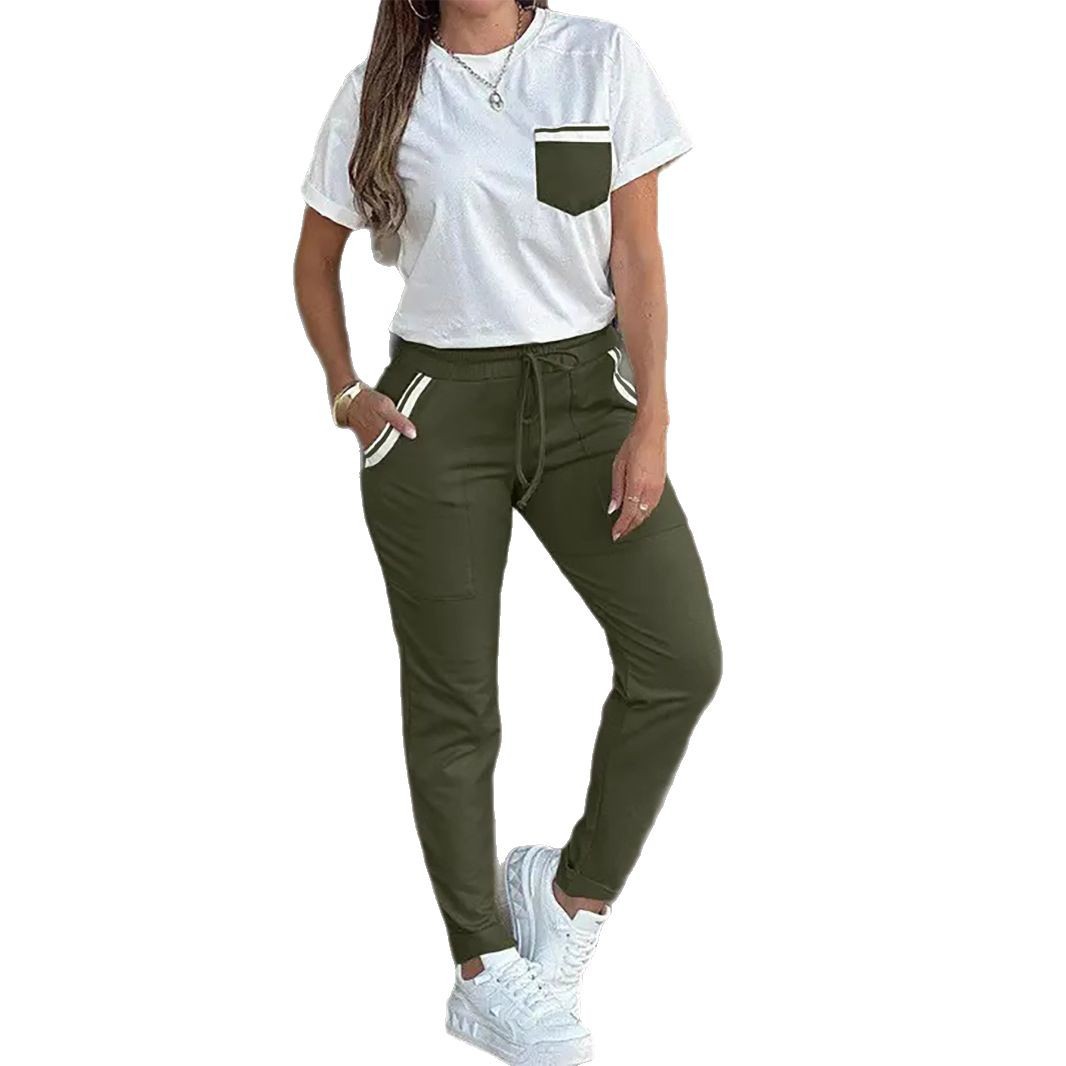 Women's Round-neck Short-sleeved Top And Pants Two-piece Set