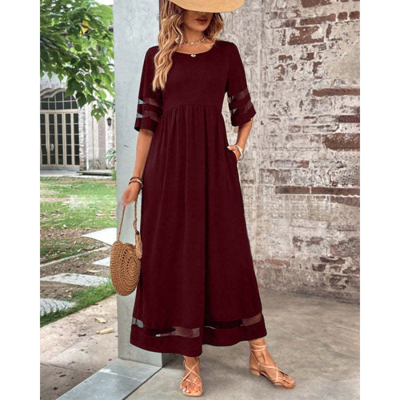 Womens Half-Sleeve Mesh Crew-Neck Patchwork Pocket Dress