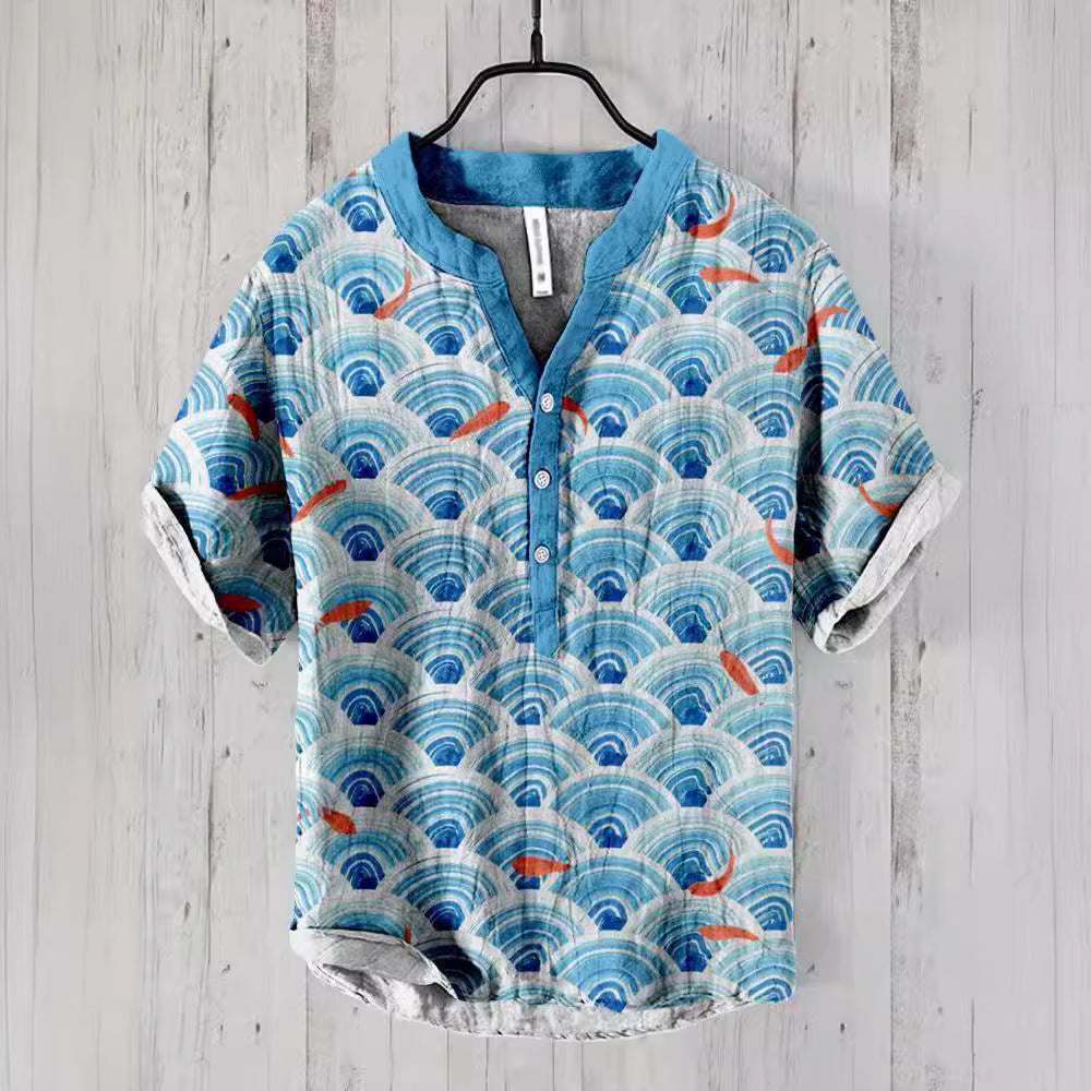 Literary Men's Ocean Print Linen Short Sleeve Loose Casual Top