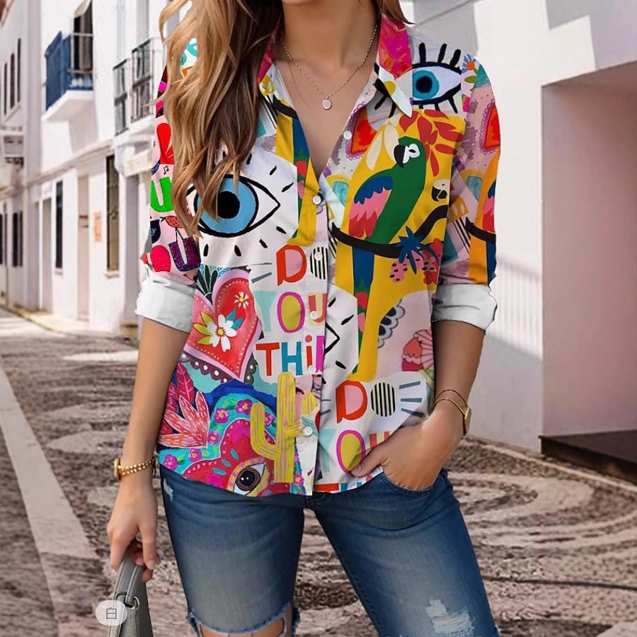 Womens Printed Lapel Long-Sleeve Shirt Top