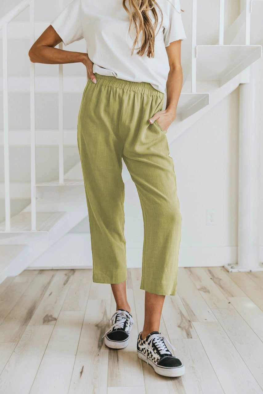 Solid Color Casual Elasticated High-waist Cropped Trousers