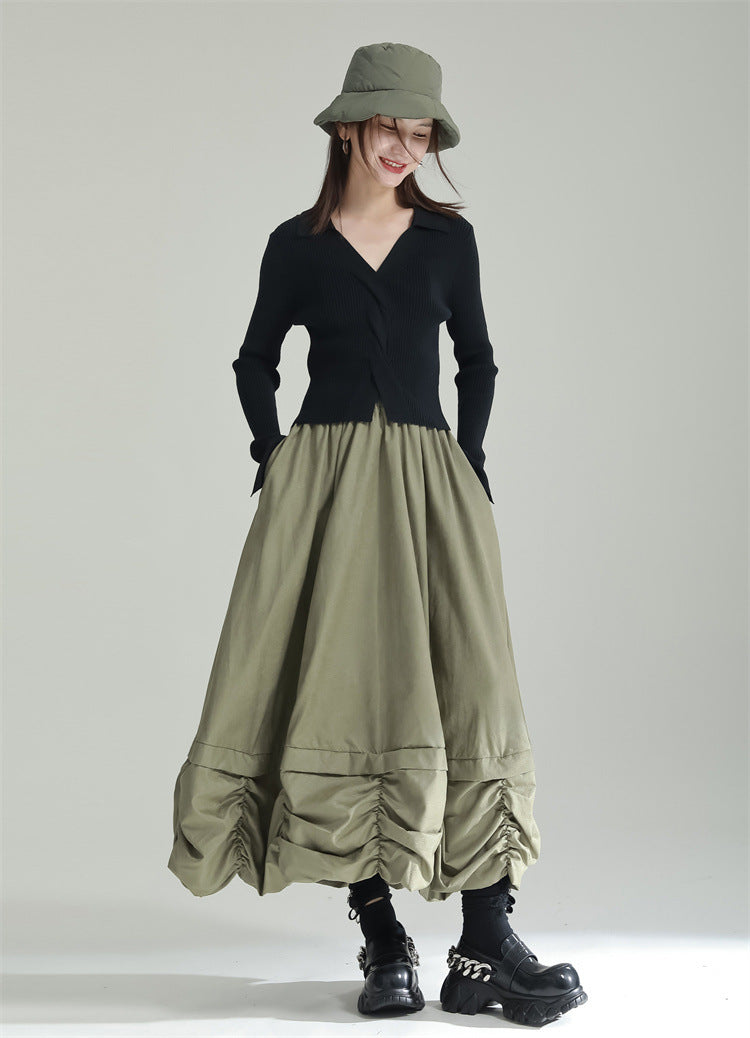 Pleated Bud Solid Color Umbrella Skirt