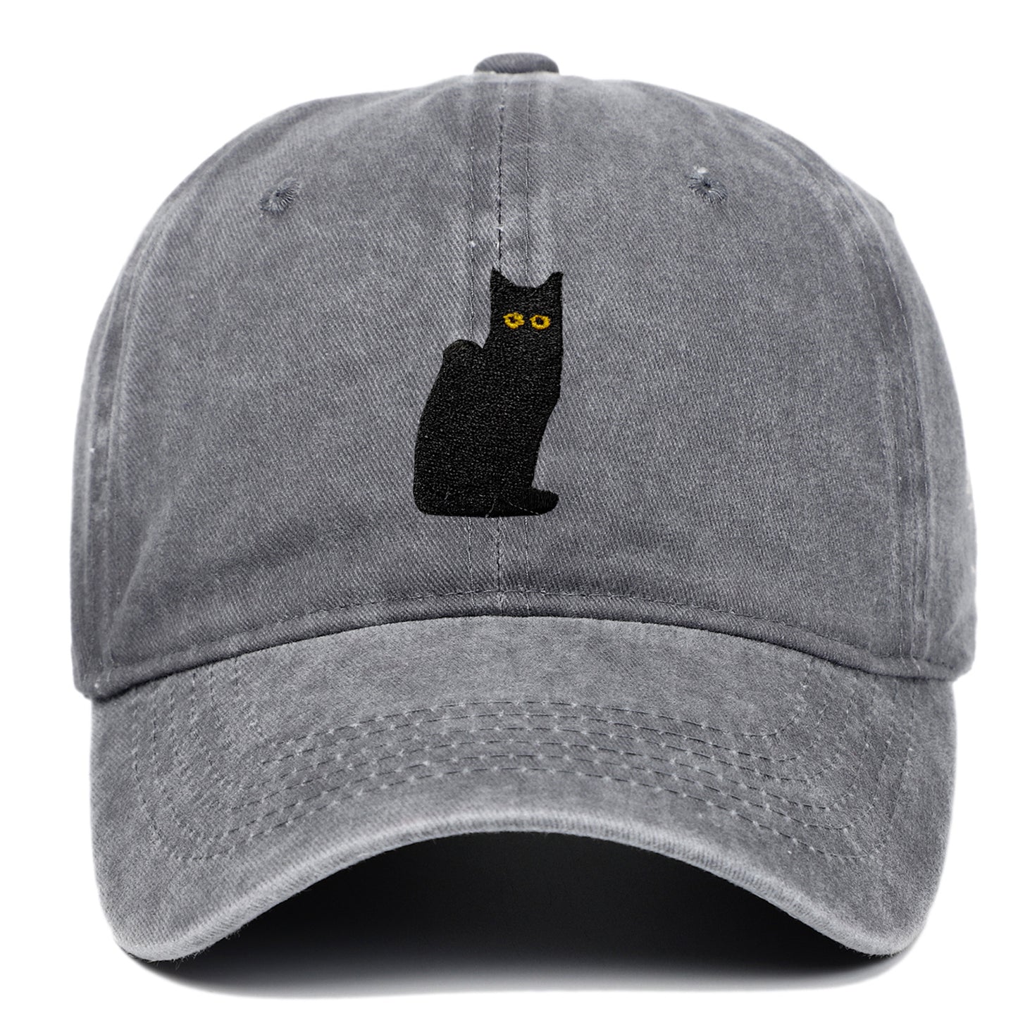 Sitting Black Cat Embroidered Baseball Cap Worn Looking Washed-out