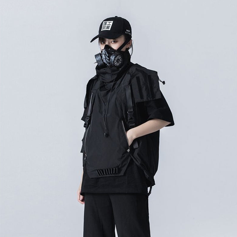 Industrial Dark Mechanical Style Hip Hop Hooded Tactical Vest Coat Men's And Women's Detachable Hat