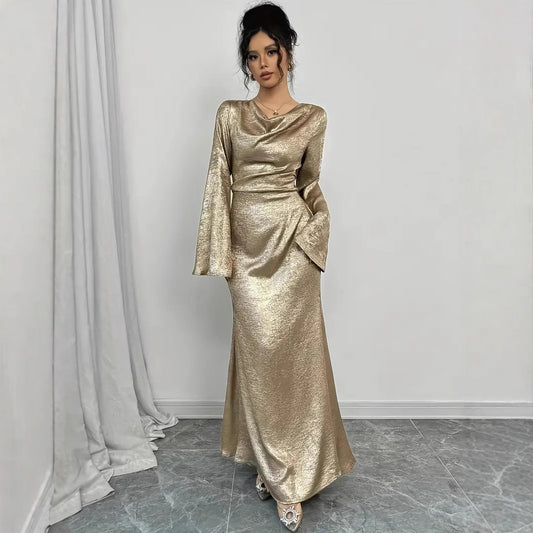 New Sexy Gold-dusted Evening Dress With Long Sleeves