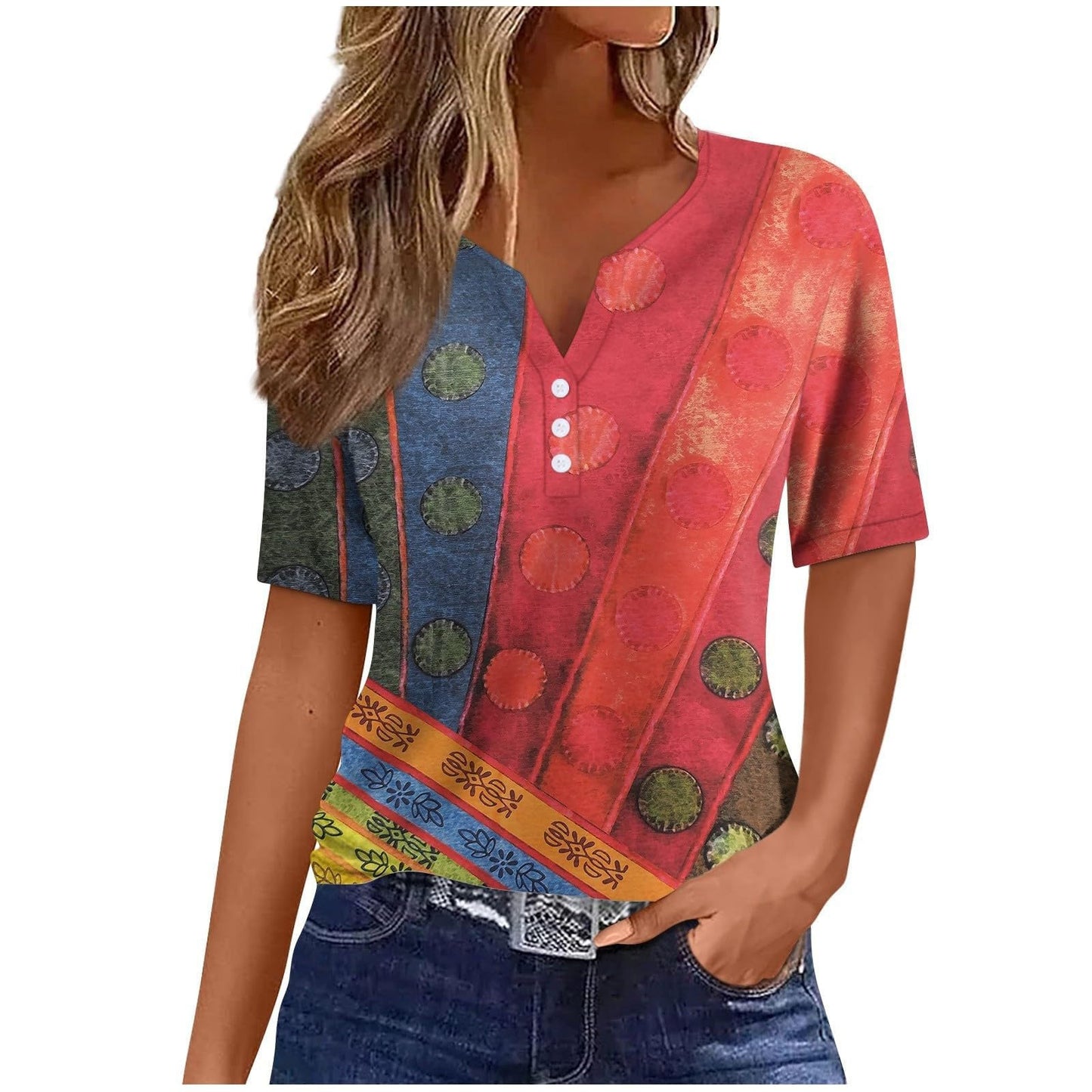 V-neck Three-button Printed Short-sleeved European And American Top