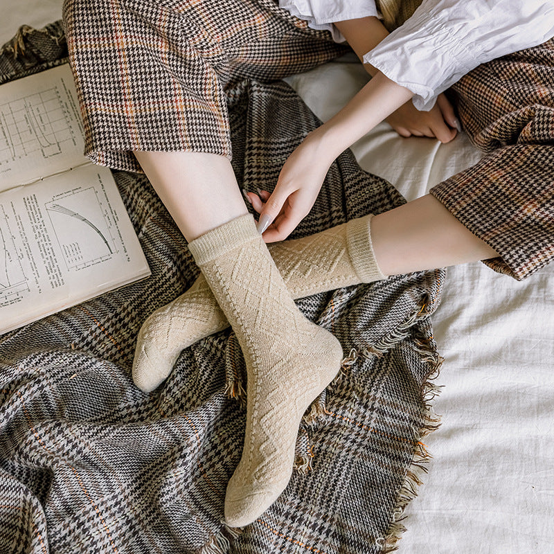 Classic Dark Floral Japanese Retro Solid Color Ladies Wool Socks