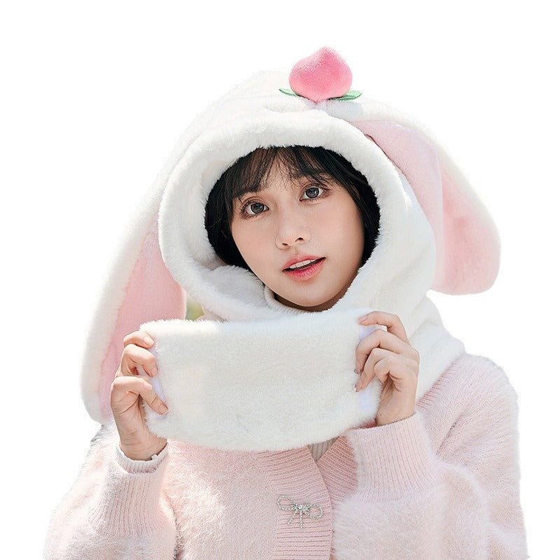 Winter Warm Peach Rabbit Mask Hat Scarf Integrated